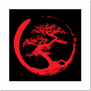 Zen Bonsai Tree in Enso Circle (red) Posters and Art